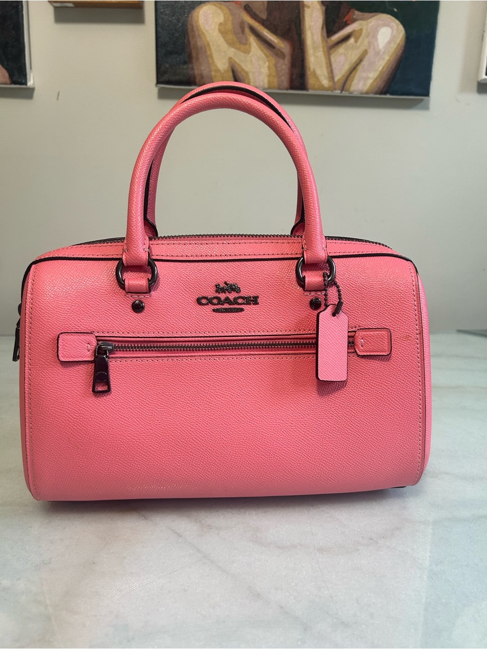 Coach Rowan Satchel 79946 Pink Coral Crossgrain Leather Handbag